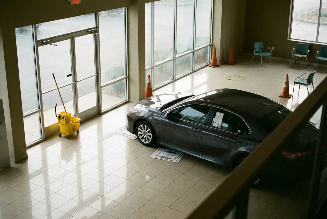 Empty dealership showroom before opening, seen from the mezzanine, floor reflecting first light
