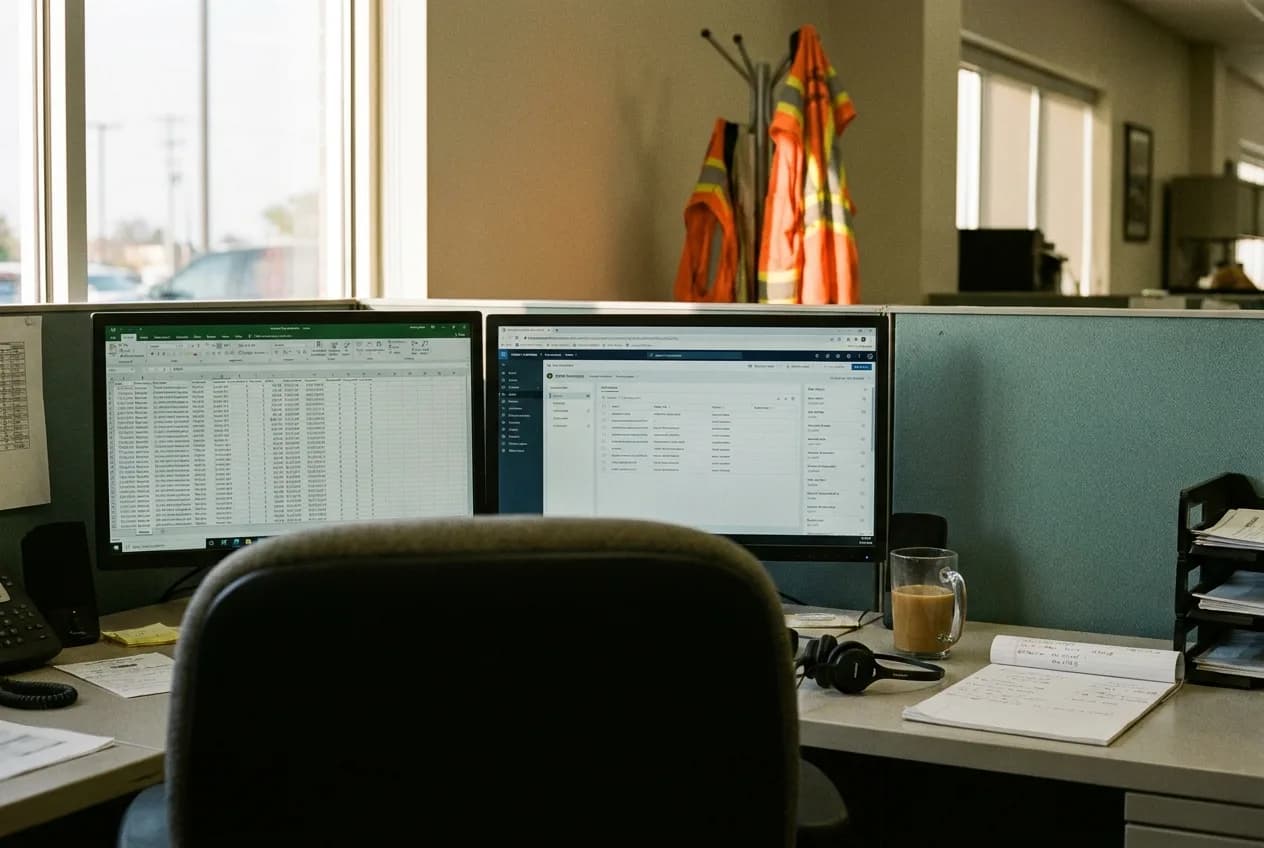 Empty BDC workstation with two monitors, headset and handwritten notes