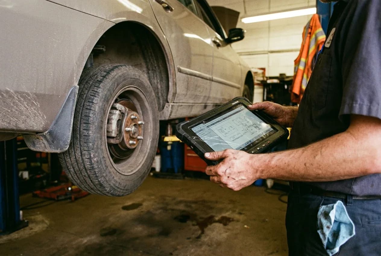 Technician holding a rugged tablet beside a car on a lift