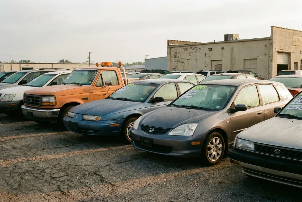 Front line of a used-car lot at sunrise, cars merchandised in a row