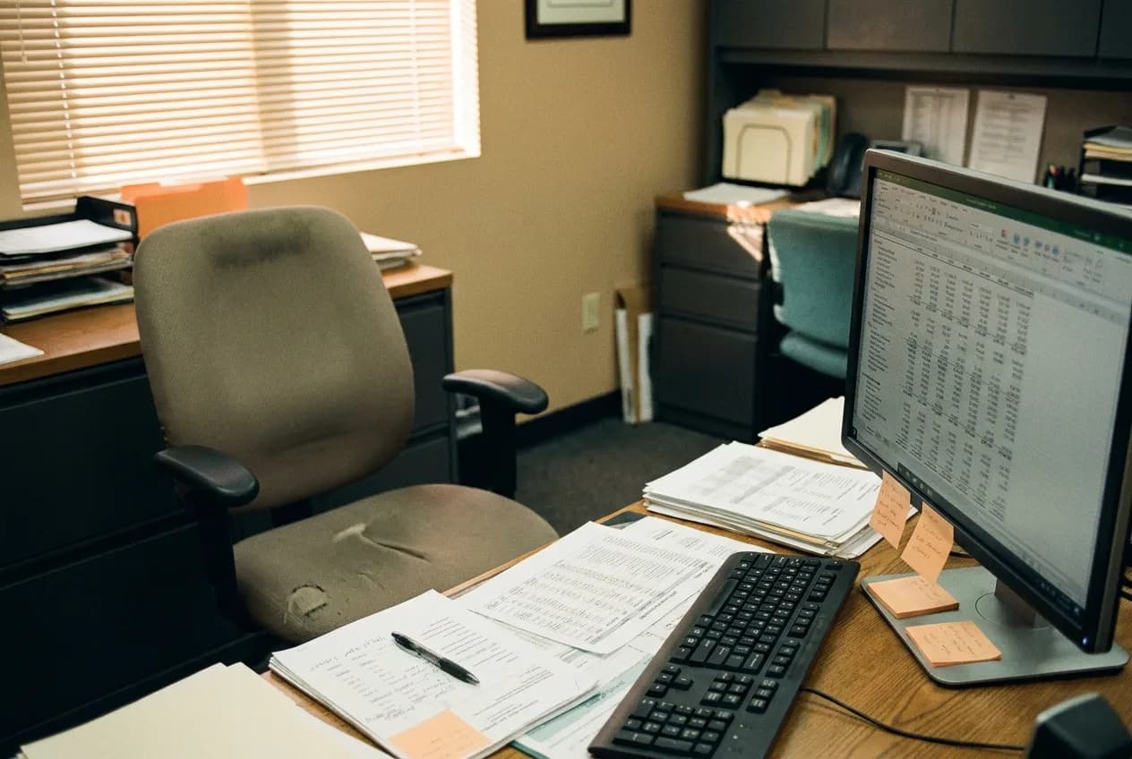 Manager's office with a monthly financial statement on screen and annotated reports