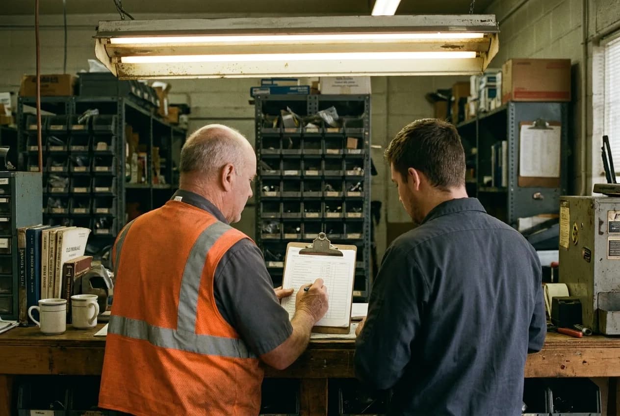 Two staff reviewing a printed checklist at a parts counter