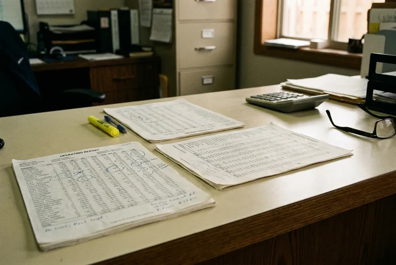 Printed monthly operating reports on a desk, one annotated in pen, with a highlighter and calculator