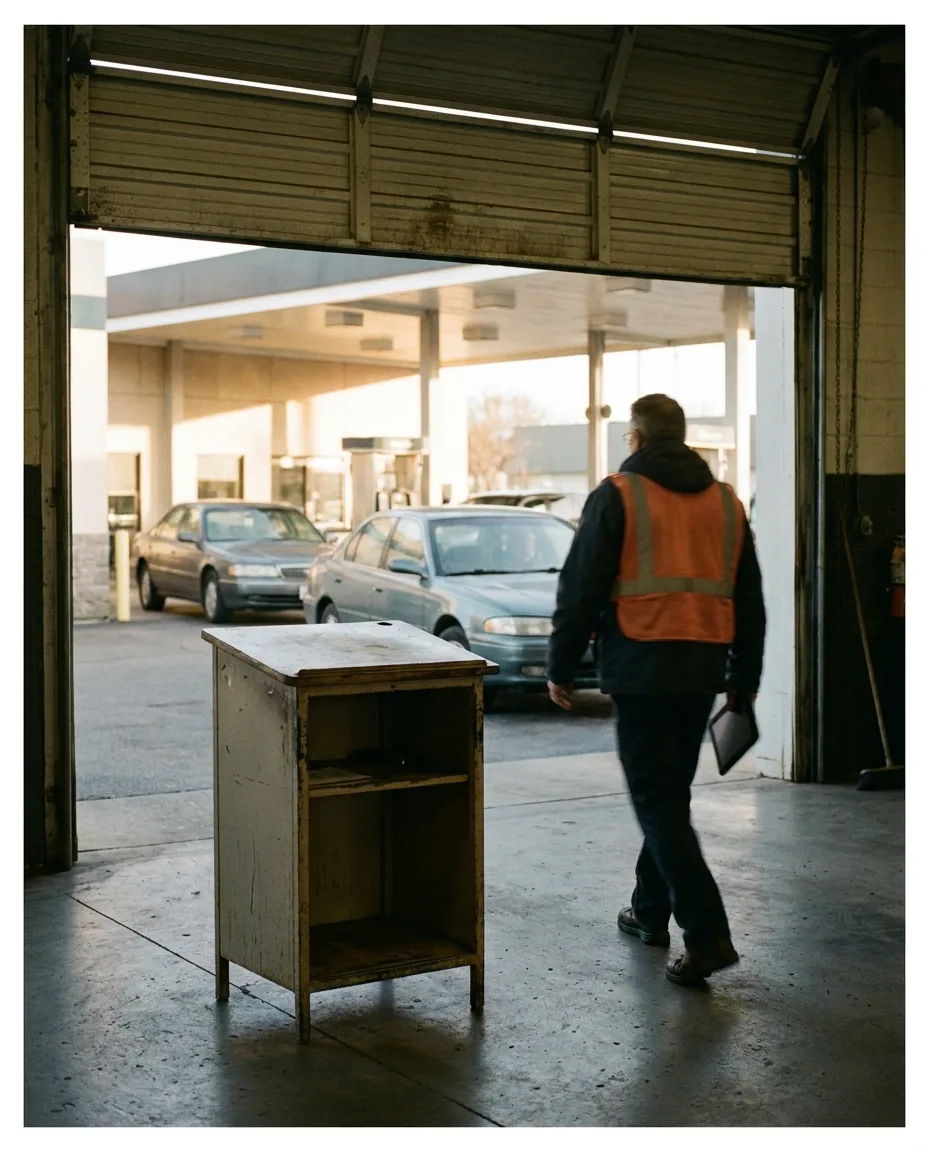 Dealership service drive at opening, seen from inside the bay, advisor walking out with a tablet