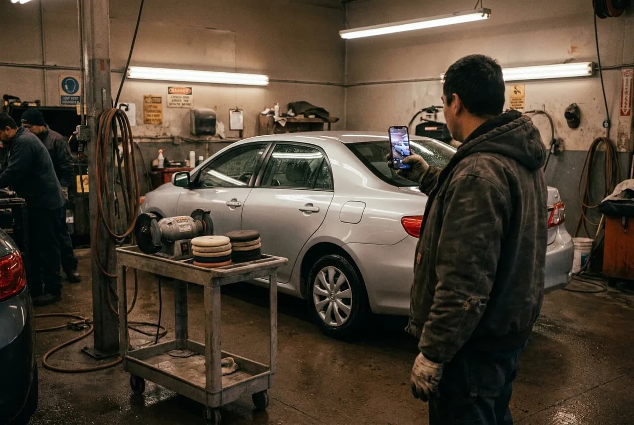 Detailer photographing a freshly cleaned sedan in the reconditioning bay